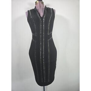 Cache Black Studded Bodycon Dress | Gold Studs & exposed Zipper | Size xs edgy.